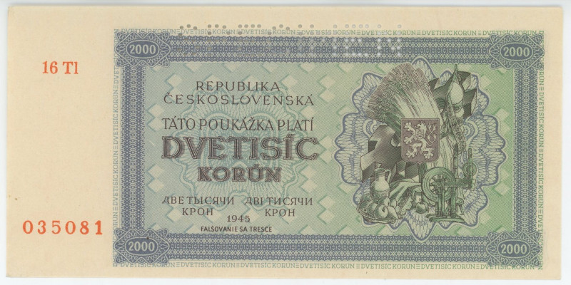 Czechoslovakia 2000 Koruna 1945 Specimen
P# 50As, N# 285792; # 16Tl 035081; XF+