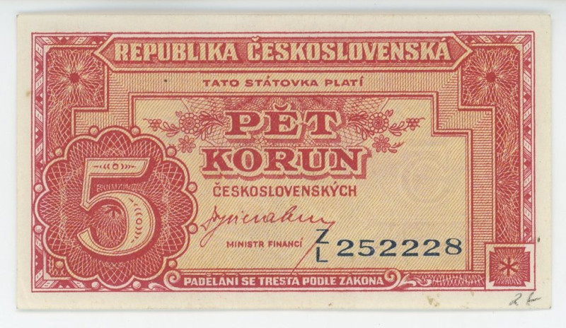 Czechoslovakia 5 Korun 1945 (ND)
P# 59a, N# 207316; # Z/L 252228; XF+