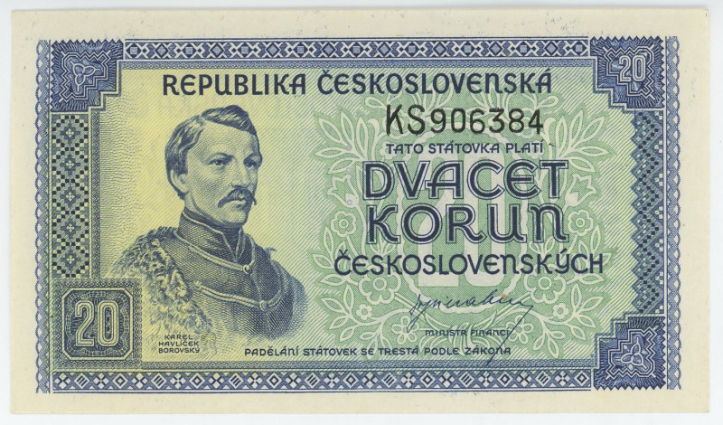 Czechoslovakia 20 Korun 1945 (ND) Specimen
P# 61s, N# 207319; # KS906384; Perfo...