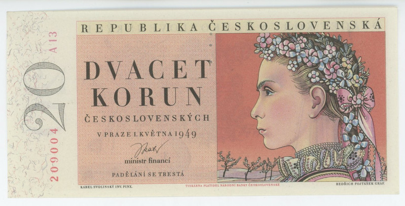 Czechoslovakia 20 Korun 1949 Specimen
P# 70s, N# 224952; # A13 209004; Perforat...