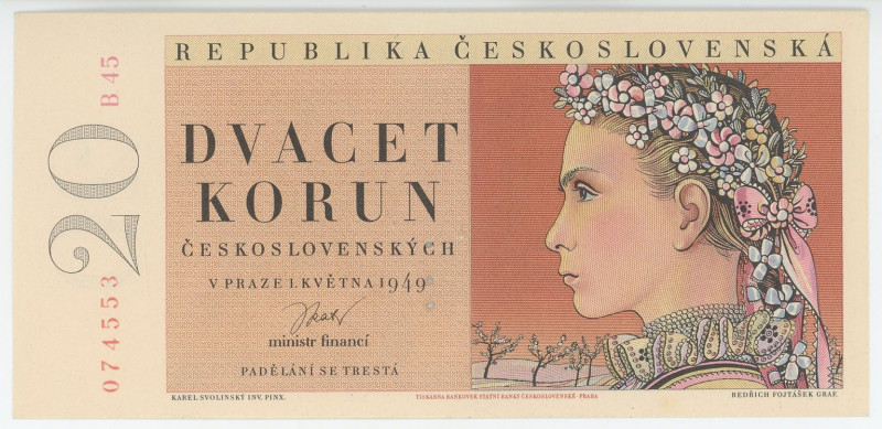 Czechoslovakia 20 Korun 1949 Specimen
P# 70s, N# 224952; # B45 074553; Perforat...