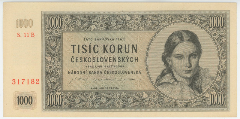 Czechoslovakia 1000 Korun 1945 Specimen
P# 74s, N# 207311; # S.11B 317182; Perf...