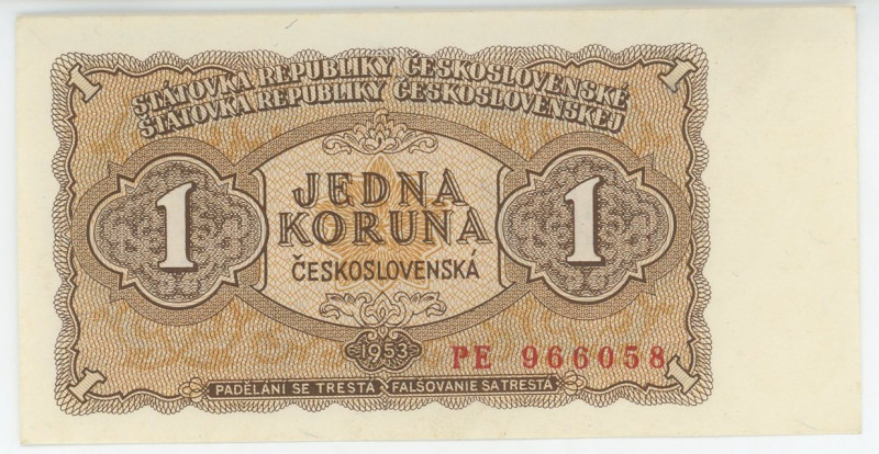 Czechoslovakia 1 Koruna 1953
P# 78b, N# 207312; # PE 966058; UNC