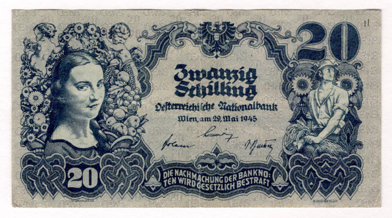 Austria 20 Shillings 1945
P# 116, # 1733 20488; XF