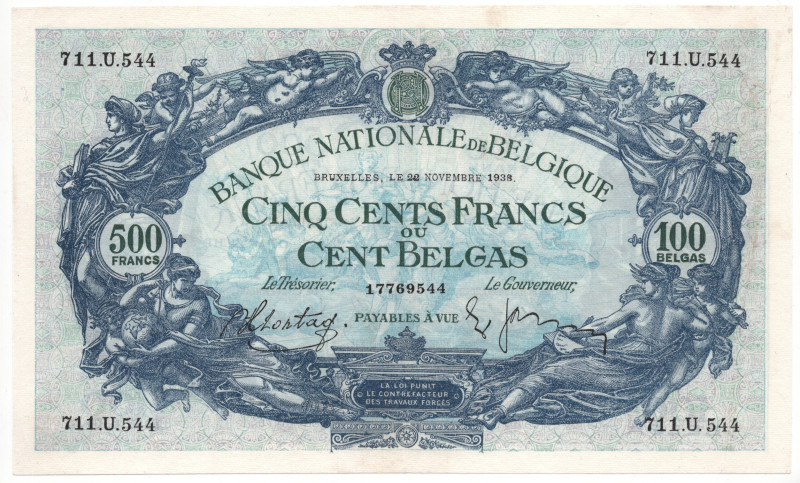 Belgium 500 Francs - 100 Belgas 1938
P# 109, N# 208674; # 711.U.544; AUNC