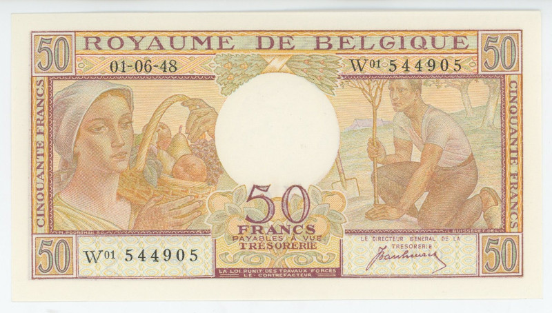 Belgium 50 Francs 1948
P# 133a, N# 207631; # W01 544905; UNC