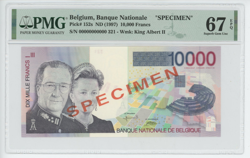 Belgium 10000 Francs 1997 (ND) Specimen PMG 67 EPQ Superb Gem UNC 
P# 152s, N# ...