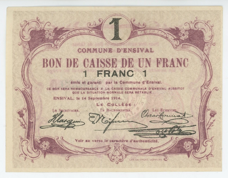 Belgium Commune D'Ensival 1 Franc 1914
# 259609; XF