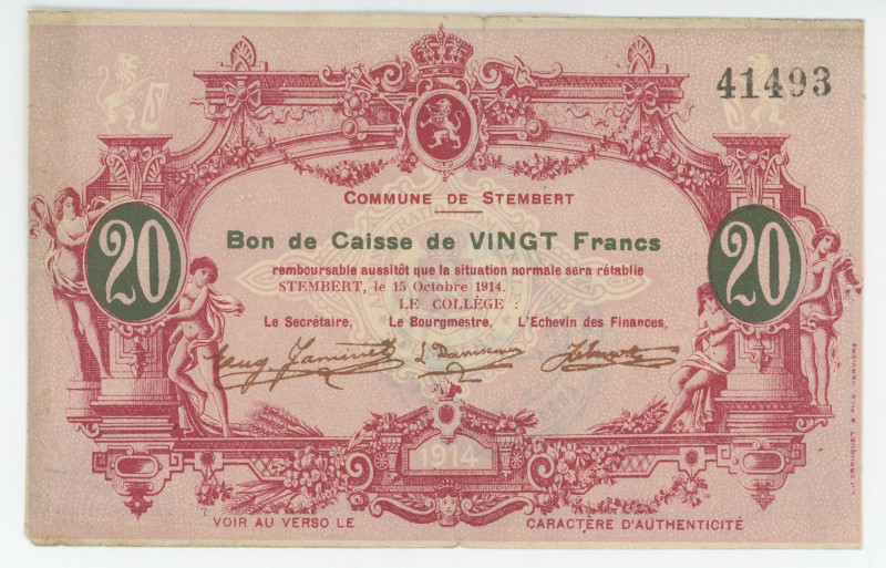 Belgium Commune De Stembert 20 Francs 1914
# 41493; VF-