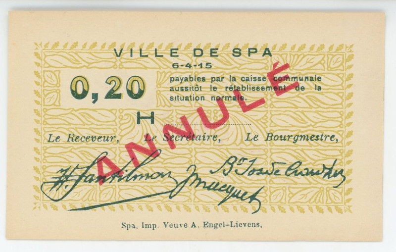 Belgium Ville de Spa 20 Centimes 1915 Cancelled Emergency Issue
"ANNULE"; AUNC