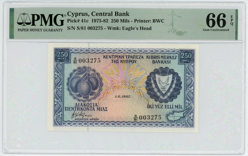 Cyprus 250 Mils 1982 PMG 66 EPQ
P# 41c, N# 202516; # S/81 003275; UNC