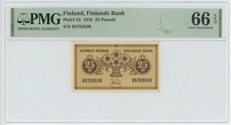 Finland 25 Pennia 1918 PMG 66 EPQ
P# 33, N# 214684; # 5792630; UNC