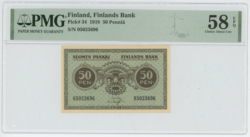 Finland 50 Pennia 1918 PMG 58 EPQ
P# 34, N# 205488; # 5023696; UNC