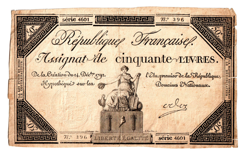 France 50 Livres 1792
P# A72, N# 252631; # 4601 296; VF