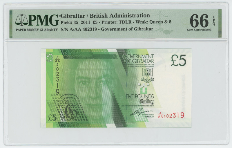 Gibraltar 5 Pounds 2011 PMG 66 EPQ
P# 35, N# 206856; # A/AA 402319; UNC