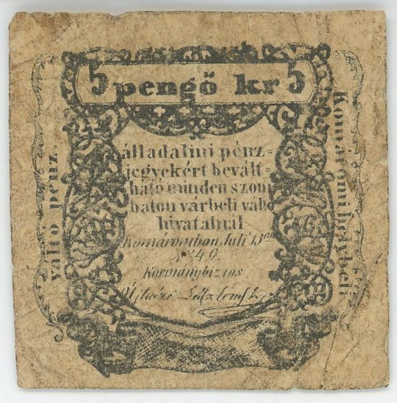 Hungary 5 Pengo Krajczar 1849
P# S182, N# 217125; Siege money, Komarom; VF