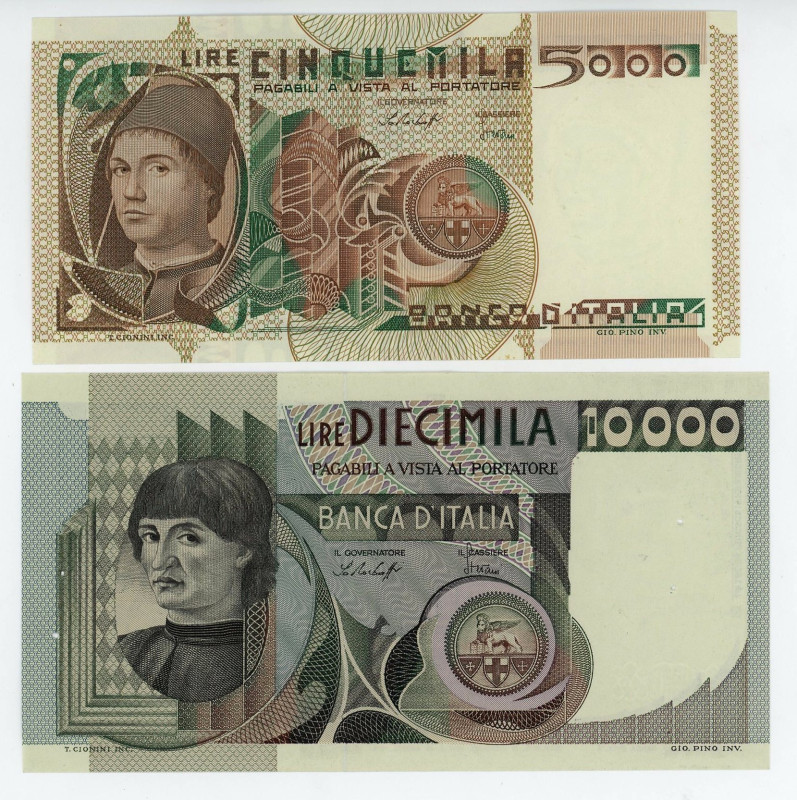 Italy 5000 - 10000 Lire 1976 - 1979
P# 105a, 106a, 105a, 106a; UNC with pinhole...