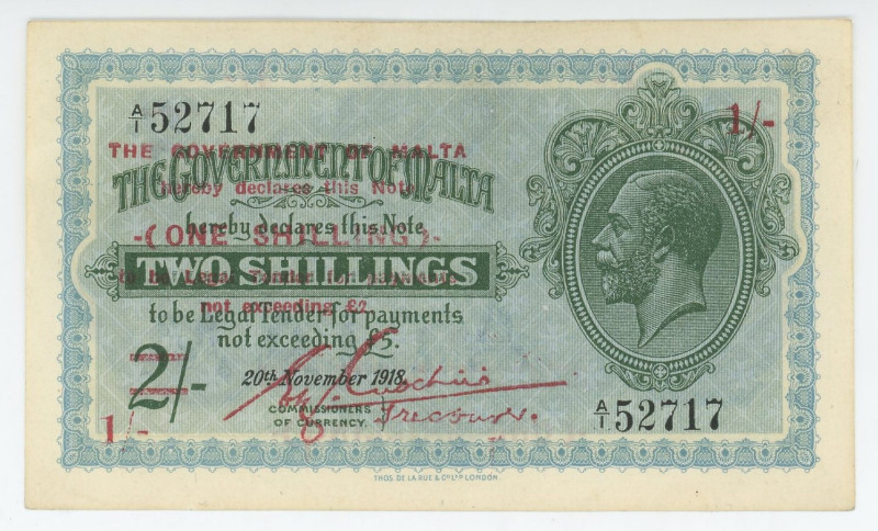 Malta 1 Shilling 1940 (ND)
P# 15, N# 233086; # A/1 52717; Overprint; XF