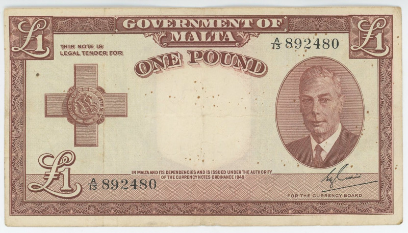 Malta 1 Pound 1949 (1951)
P# 22a, N# 213539; # A/13 892480; George VI; VF+