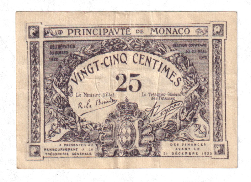 Monaco 25 Centimes 1920
P# 2b, N# 322783; VF+