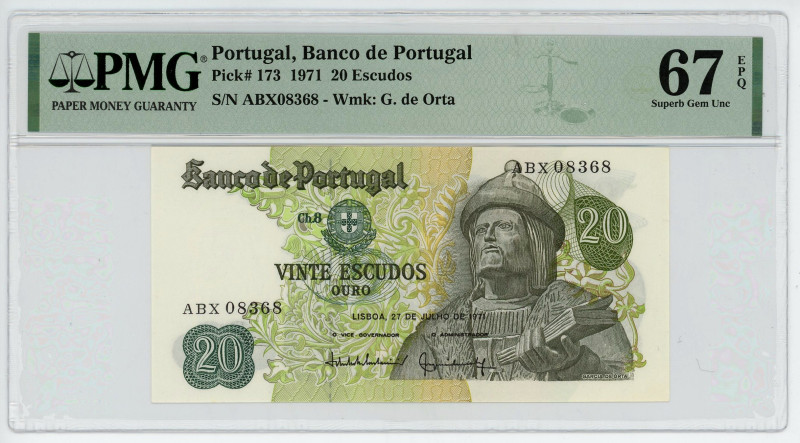 Portugal 20 Escudos 1971 PMG 67 EPQ
P# 173, N# 202251; # HN 20310; UNC