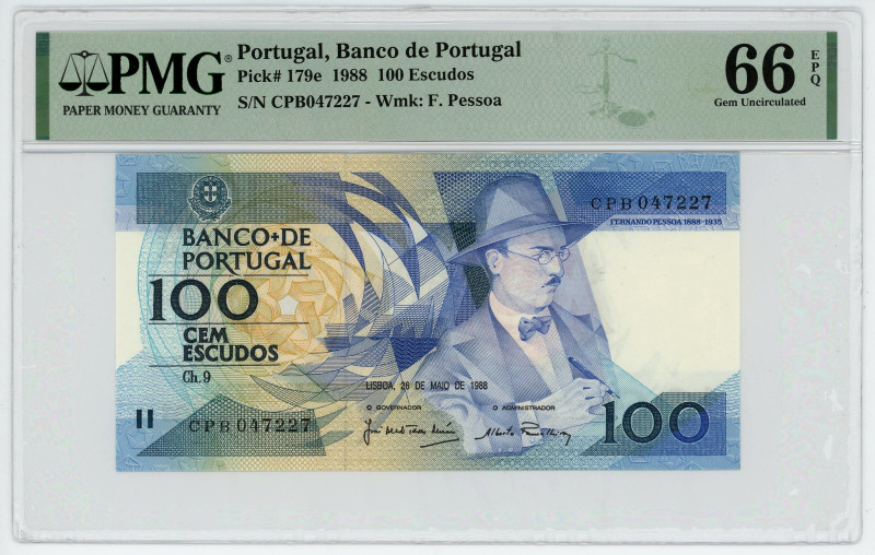 Portugal 100 Escudos 1988 PMG 66 EPQ
P# 179e, N# 202789; # CPB047227; UNC