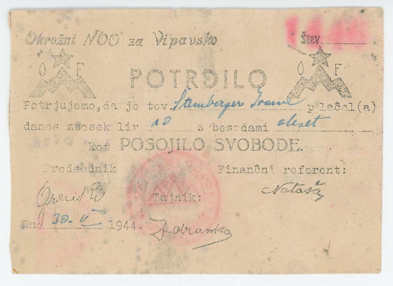 Yugoslavia District National Liberation Commitee for Vipavsko 10 Lir 1944 Partis...