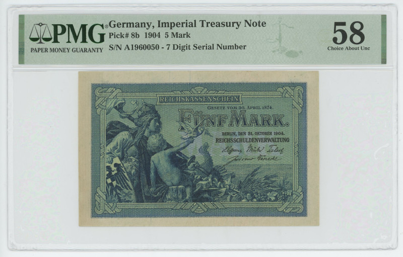 Germany - Empire 5 Mark 1904 PMG 58
P# 8b, N# 203325; # A 1960050; UNC