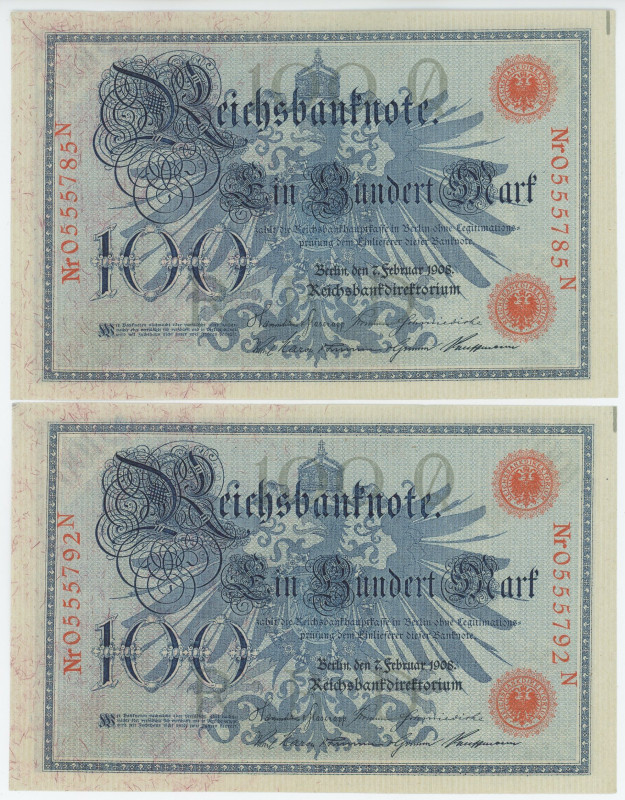 Germany - Empire 2 x 100 Mark 1908 Close Numbers
P# 33b, N# 202144; # 0555785N ...