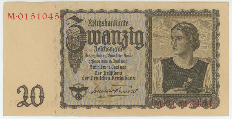 Germany - Third Reich 20 Reichsmark 1939
P# 185, N# 202009; # M 01510451; UNC