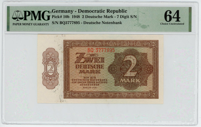 Germany - DDR 2 Deutsche Mark 1948 PMG 64
P# 10b, N# 207657; # BQ3777895; UNC