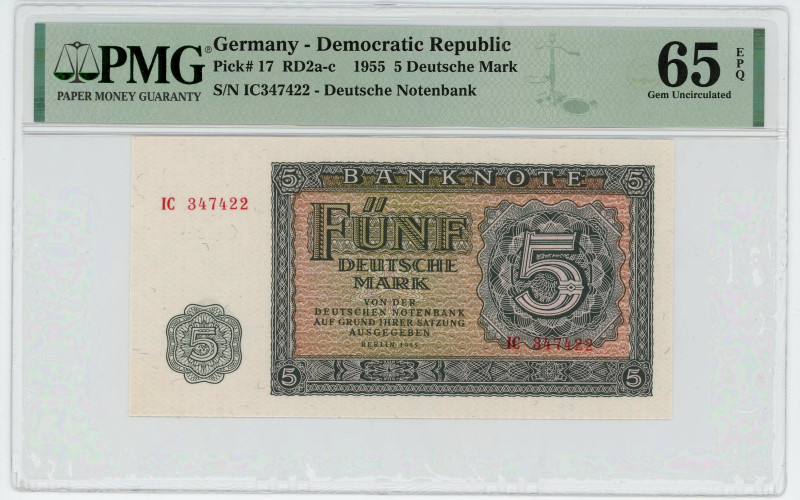 Germany - DDR 5 Deutsche Mark 1955 PMG 65 EPQ
P# 17, N# 209155; # IC 347422; UN...