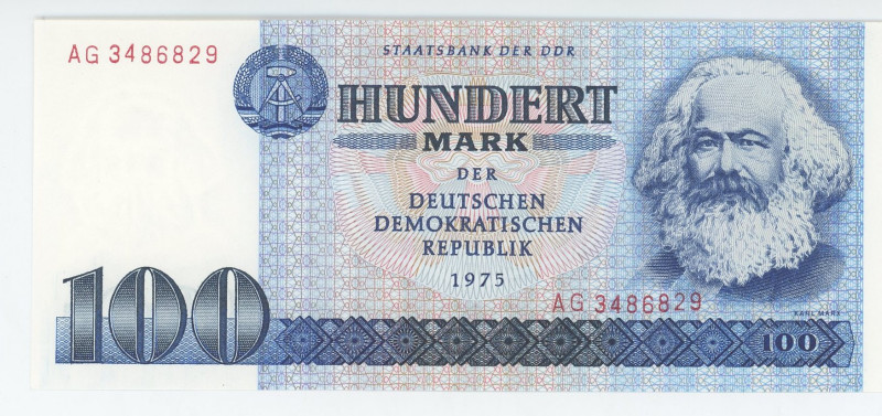 Germany - DDR 100 Mark 1975
P# 31a, N# 203910; # AG 3486829; UNC