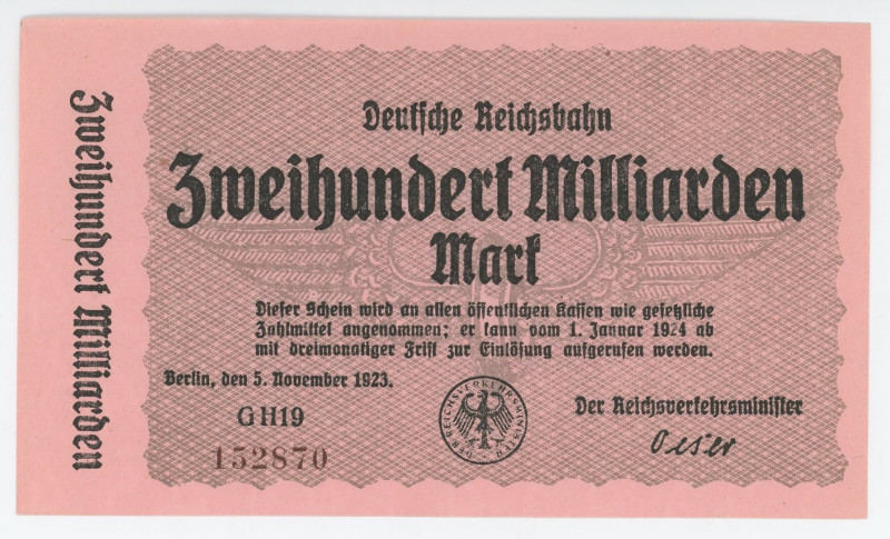 Germany - Weimar Republic German Railroad Berlin 200 Milliarden Mark 1923 Unifac...