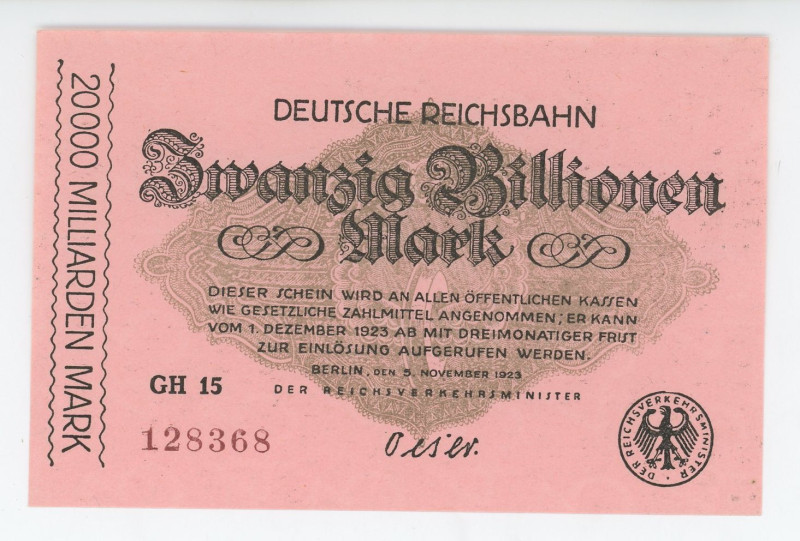 Germany - Weimar Republic German Railroad Berlin 20 Billionen Mark 1923 Uniface...