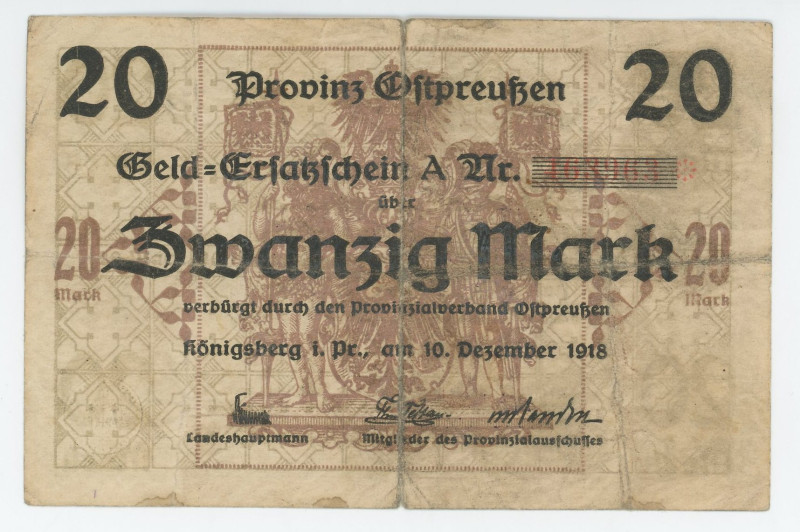 Germany - Empire East Prussia Konigsberg 20 Mark 1918 Notgeld
Karpinski# 23.5B;...