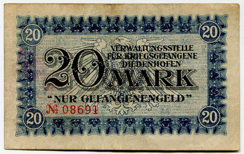 Germany - Empire Diedenhofen 20 Mark 1914 - 1919 (ND) With Stamp POW Camp
XF