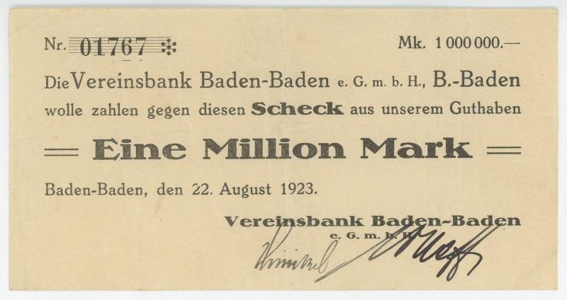 Germany - Weimar Republic Check of Vereinsbank Baden-Baden for 1000000 Mark 1923...