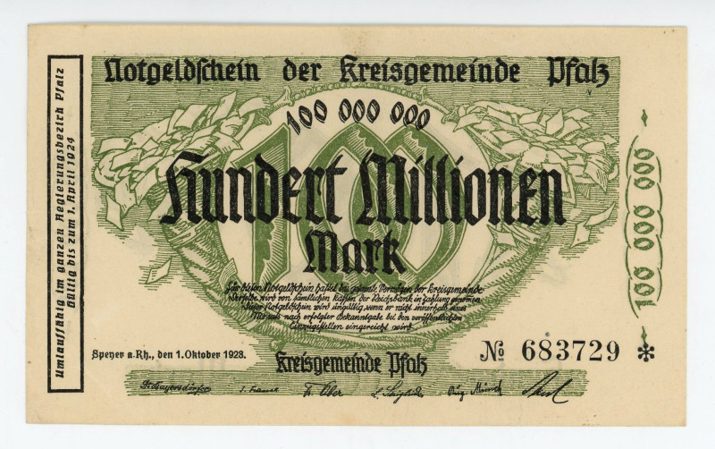 Germany - Weimar Republic Pfalz 100 Millionen Mark 1923
N# 214451; # 683729; AU...