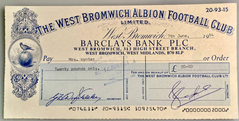 Great Britain West Bromwich Albion Football Club Ltd Check for £20 1984
Check d...