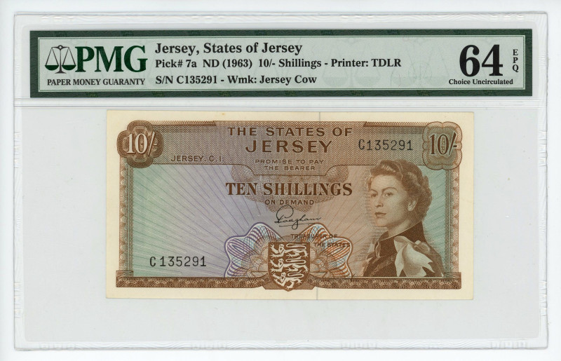 Jersey 10 Shillings 1963 (ND) PMG 64 EPQ
P# 7a, N# 209739; # C135291; UNC