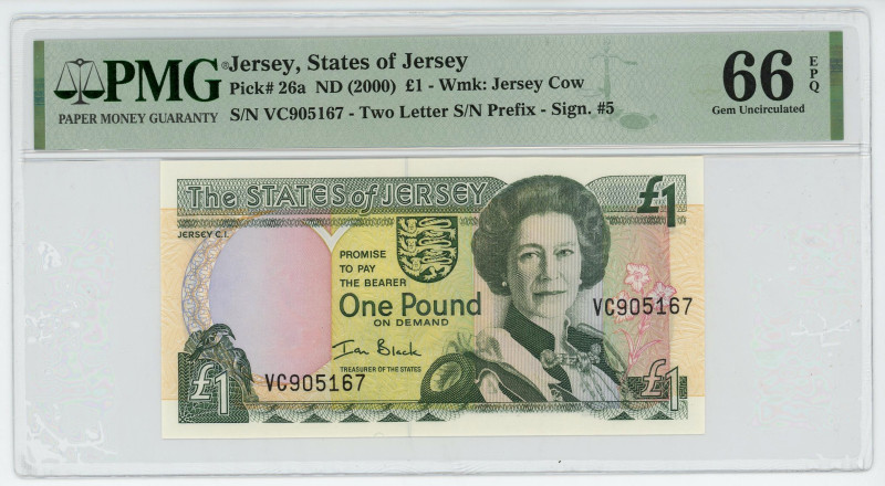 Jersey 1 Pound 2000 (ND) PMG 66 EPQ
P# 26a, N# 205391; # VC905167; UNC