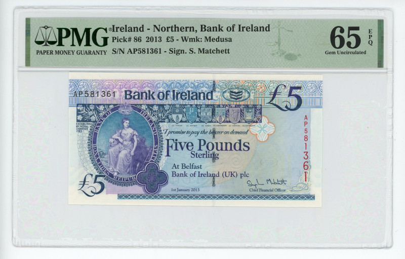 Northern Ireland Bank of Ireland 5 Pounds 2013 PMG 65 EPQ
P# 86a, N# 210635; # ...