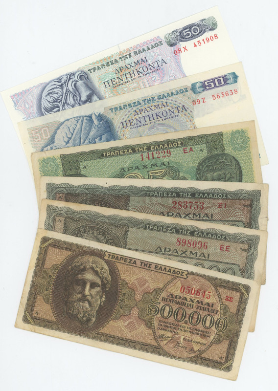 Greece Lot of 6 Banknotes 1944 - 1978
Various Denominations; XF/UNC