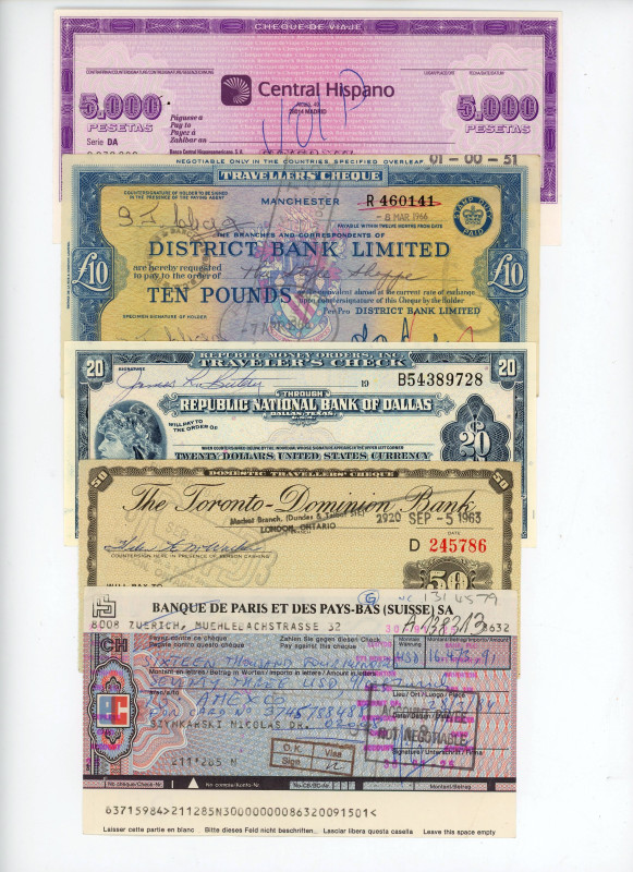 World Lot of 5 Notes 1963 - 1966 Traveller's Checks
Different banks; XF