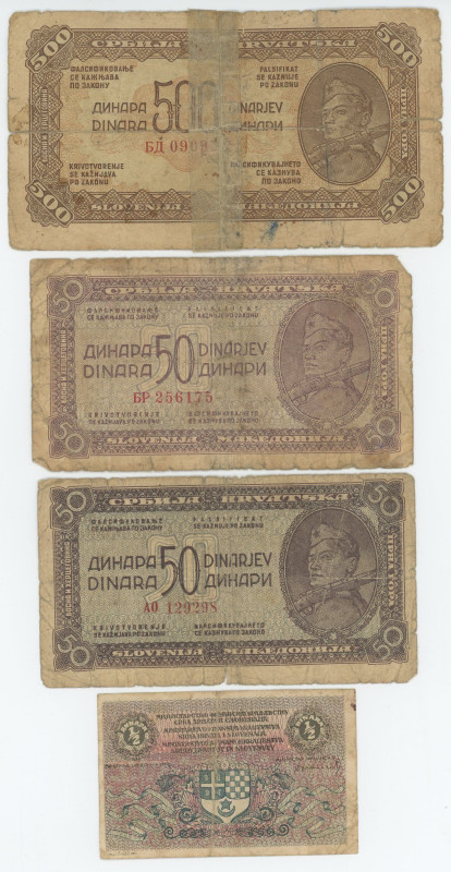 Yugoslavia Lot of 4 Banknotes 1919 - 1944
P# 11, 52, 54, F-/VF