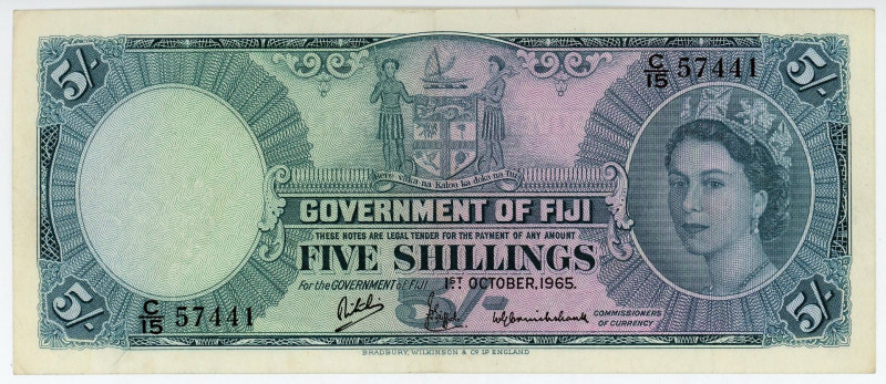 Fiji 5 Shillings 1965
P# 51e, N# 206621; # C/15 57441; XF-AUNC