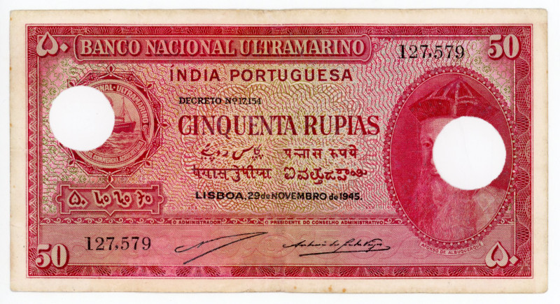 Portuguese India 50 Rupias 1945 Cancelled Note
N# 215926; # 127579; VF