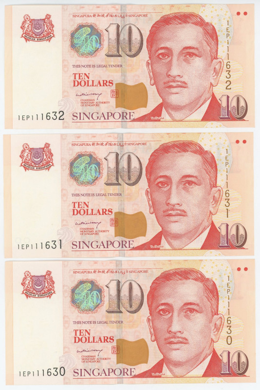 Singapore 3 x 10 Dollars 2005 (ND) With Consecutive Numbers
P# 48A, N# 229012; ...