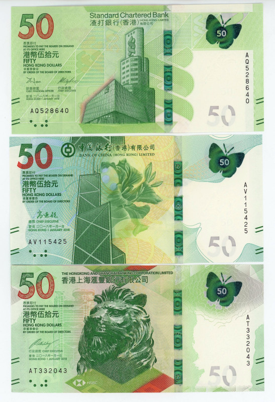 Hong Kong 3 x 50 Dollars 2018
N# 202829, 224277, 224278; Standard Chartered Ban...